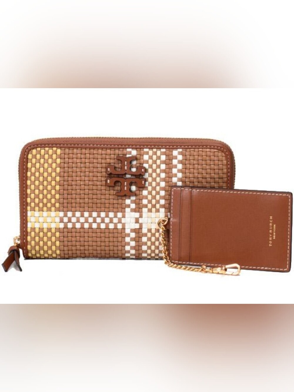 Tory Burch Woven Plaid Zip Around Wallet & Card Case Brown Multi Leather Gold To